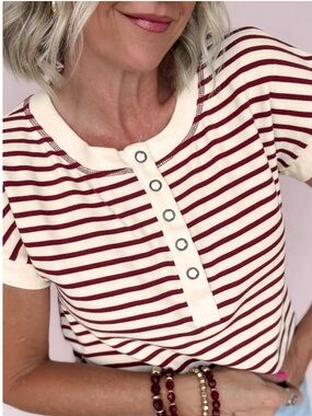 Ivory & Burgundy Stripe Snap Henley Top